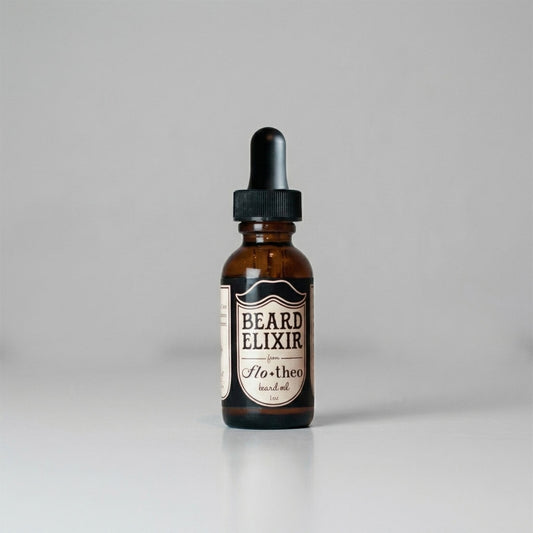 Bottle of 'Beard Elixir' on a gray background