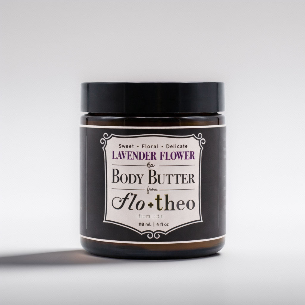 Jar of lavender flower body butter from Flo + Theo on a white background