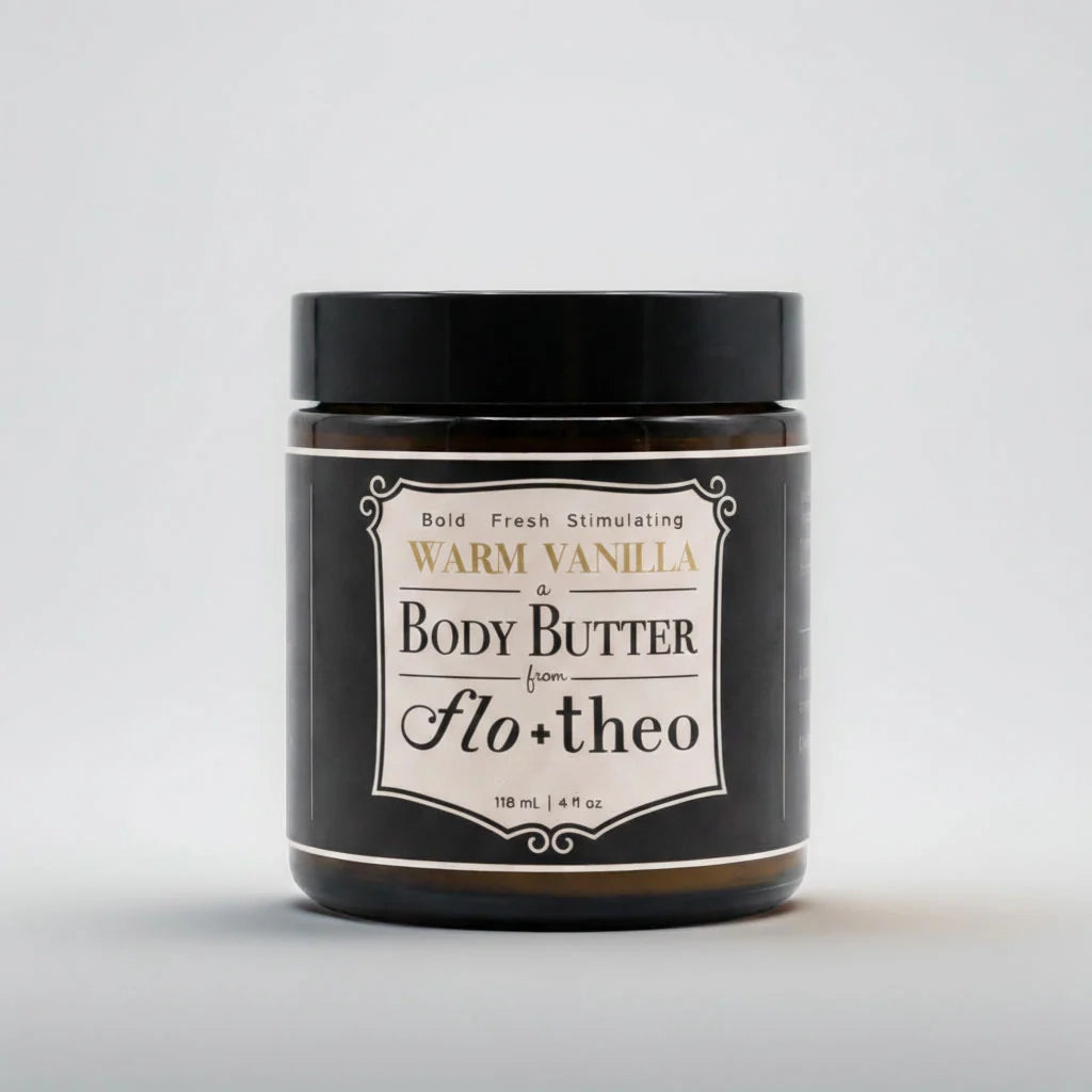 Jar of warm vanilla body butter from Flo+theo on a light gray background