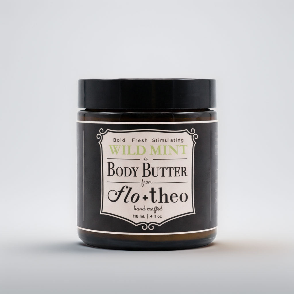 Jar of wild mint body butter from Flo+theo on a light gray background