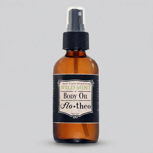 Brown glass bottle of Wild Mint Body Oil by Flotheo on a gray background